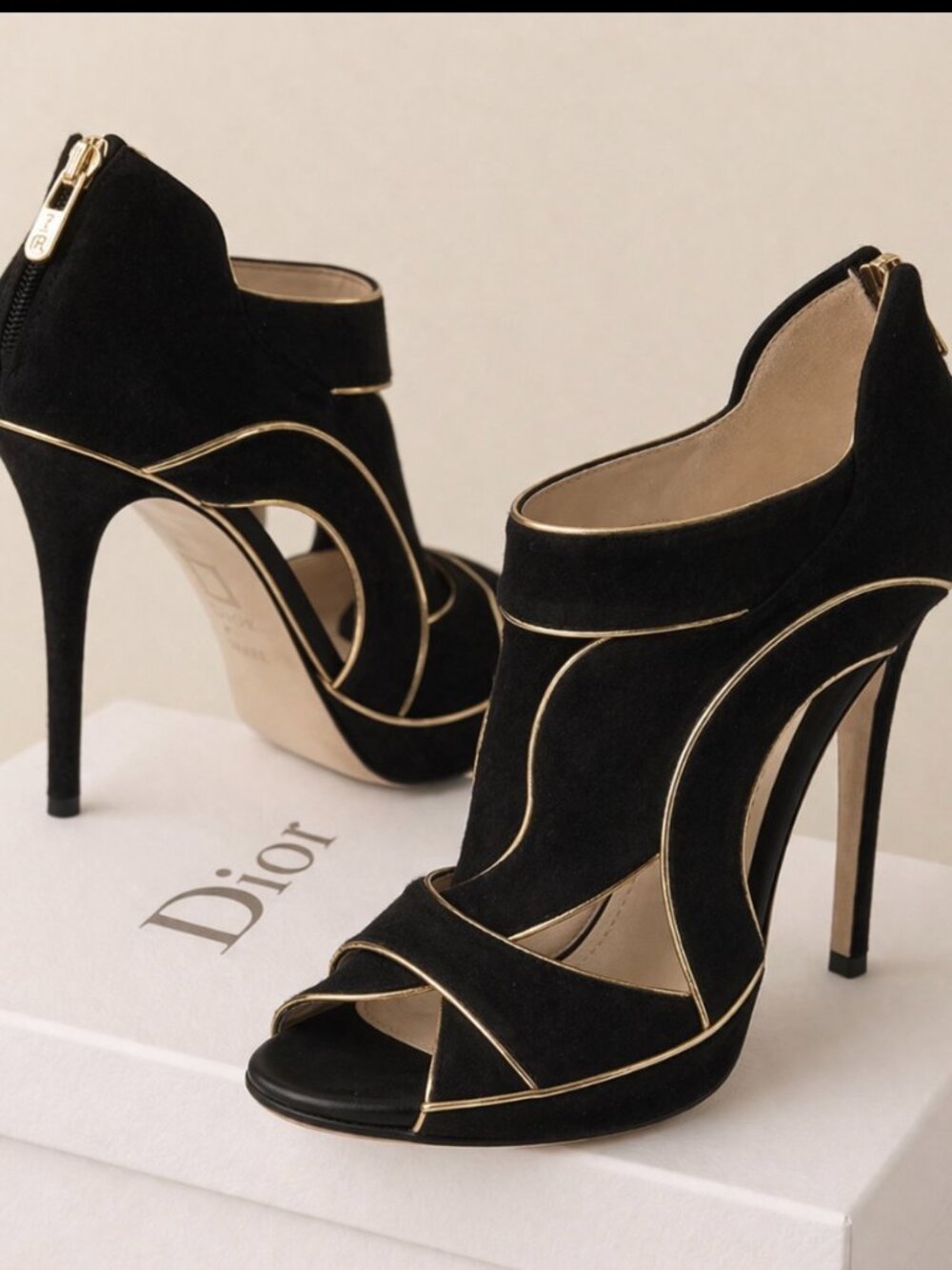 Christian Dior Black Suede Gold Trim Heels Sandals 38.5 Stiletto Zip